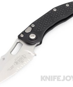 MICROTECH 169-11 Borka Stitch Auto Folding Knife Single Edge Stonewash Partially Serrated Blade with Black Aluminum Handles