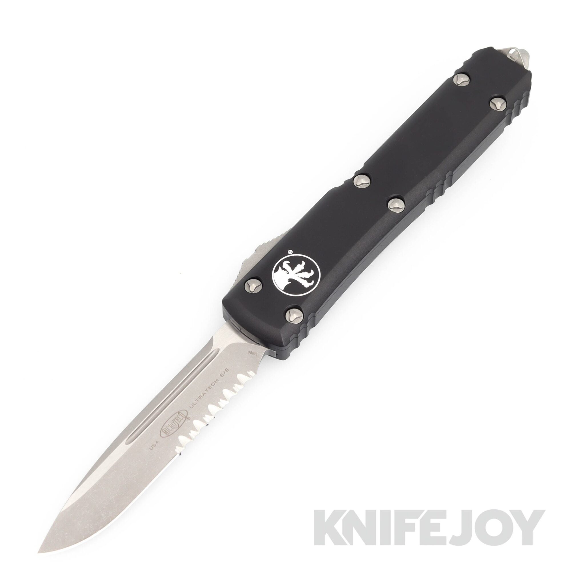 MICROTECH 121-11AP Ultratech OTF Auto Single Edge Partially Serrated Apocolyptic Blade with Black Aluminum Handles