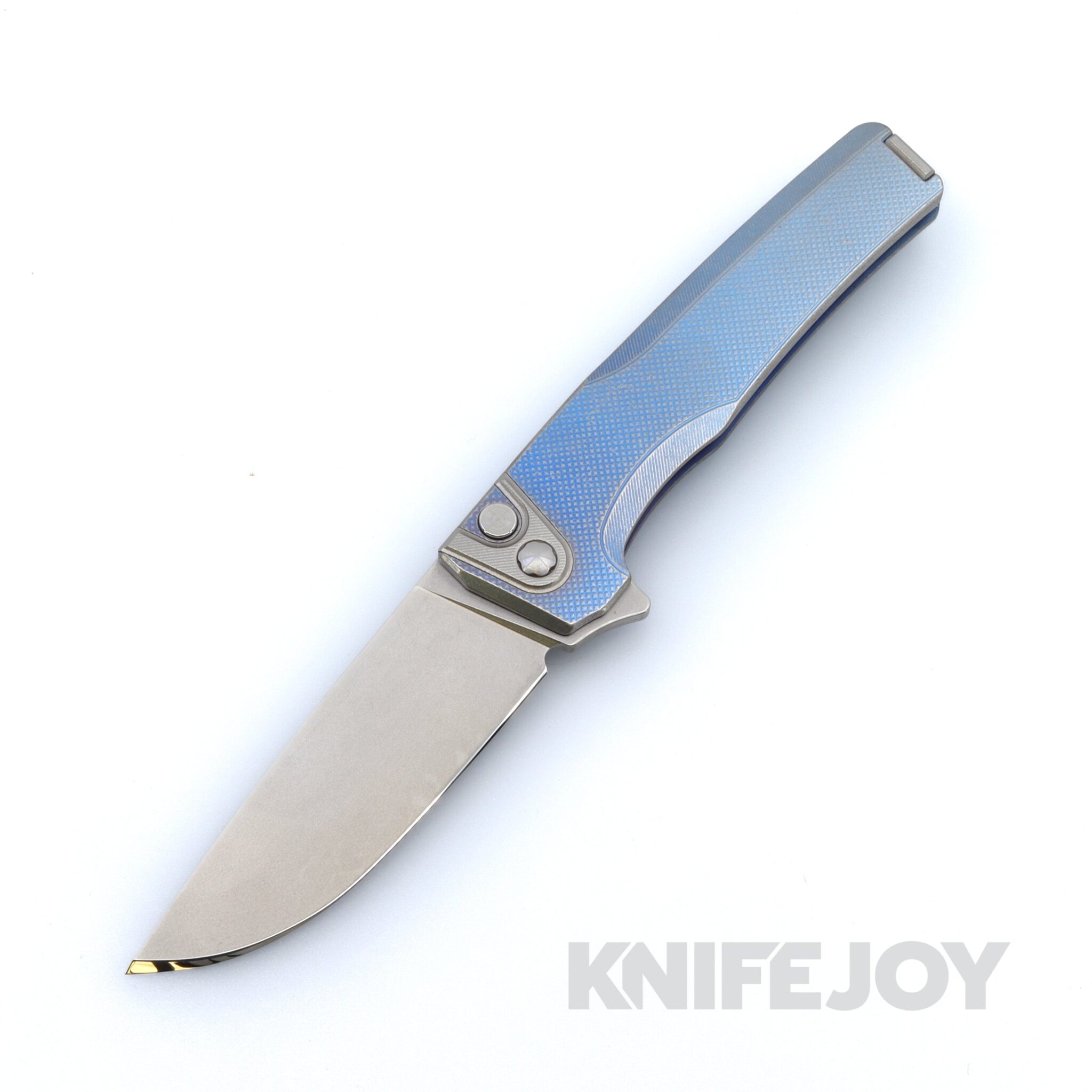 MachineWise Sonora Button Lock Folder 20CV with Ice Blue Fade Fine Step Textured Grade 5 Integral Titanium Handles and Titanium Bolster