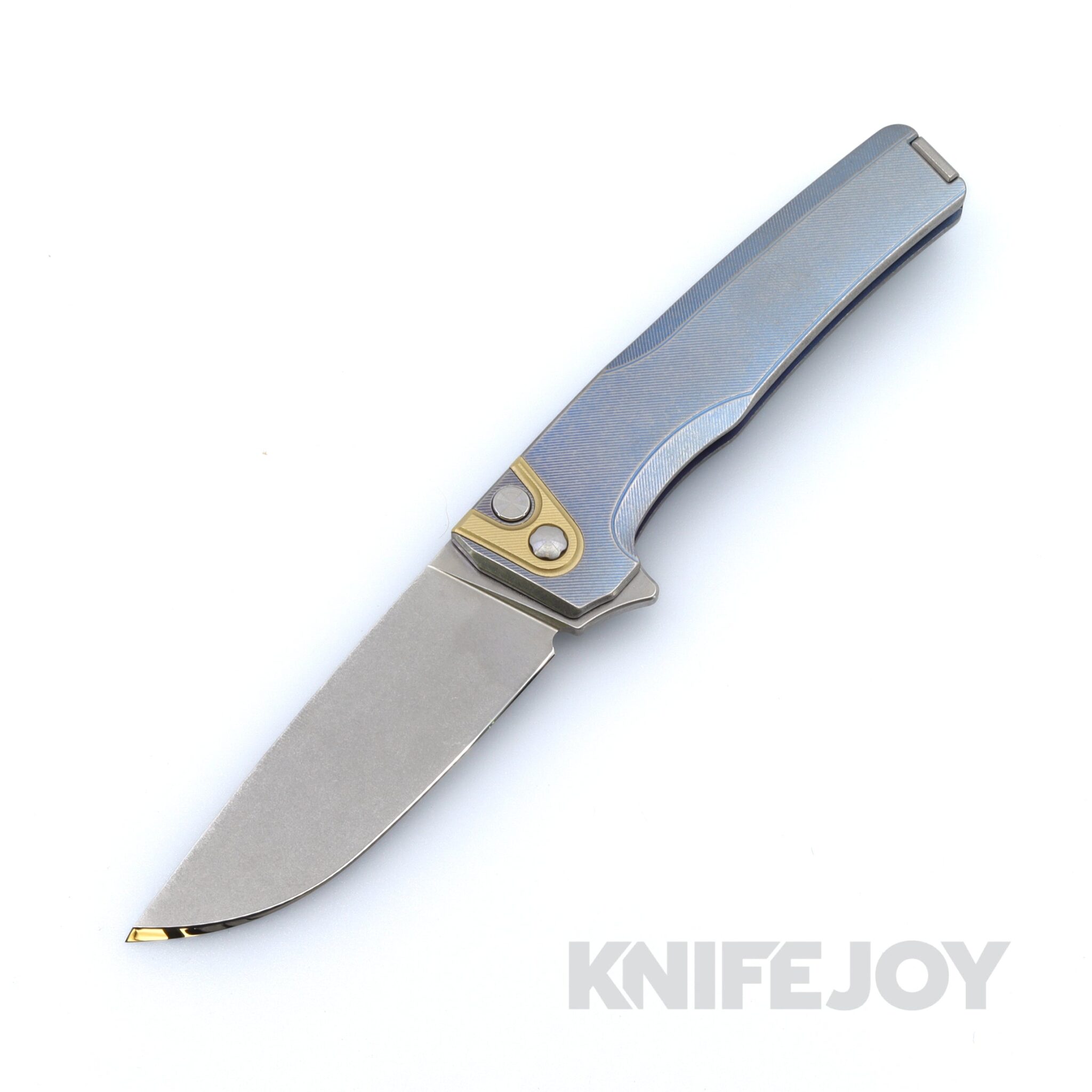 MachineWise Sonora Button Lock Folder 20CV with Light Blue Fine Step Textured Grade 5 Integral Titanium Handles and Brass Bolster