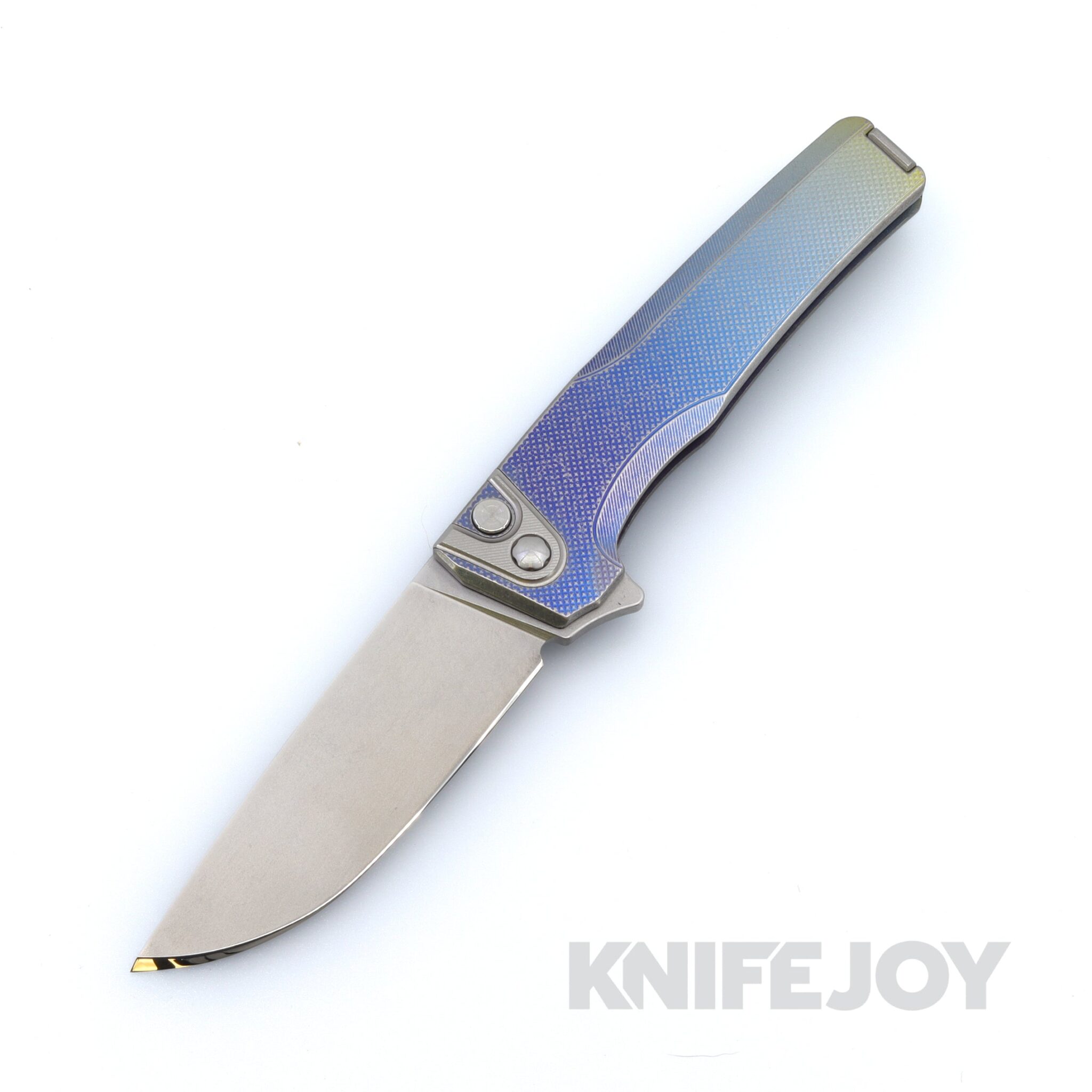 MachineWise Sonora Button Lock Folder 20CV Blade with DIamond Textured Grade 5 Ice Blue Fade Titanium Handles / Titanium Bolster and Clip