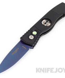 Pro-tech Knives PTTR-2SBSKULL-SS2024 Tactical Response 2 Sapphire Blue Coated Magnacut blade with Steriling Silver Shaw Skull/ Textured Black Aluminum Handles/ Abalone Button