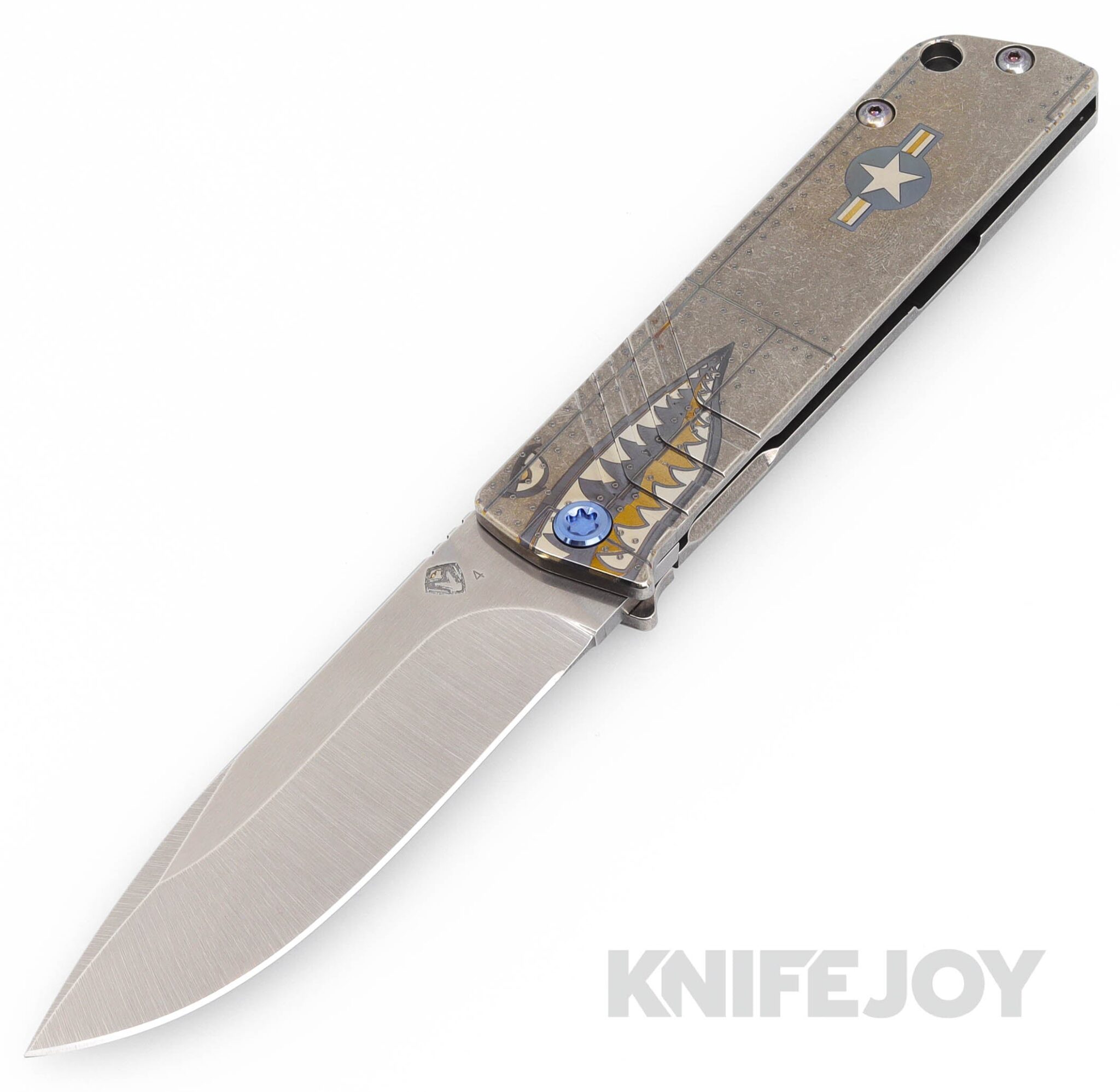 Medford Knives The Antik S45VN Tumbled Drop Point Blade with Tumbled Warthog/ Star N Bar Handles/ Blue Hardware and Clip