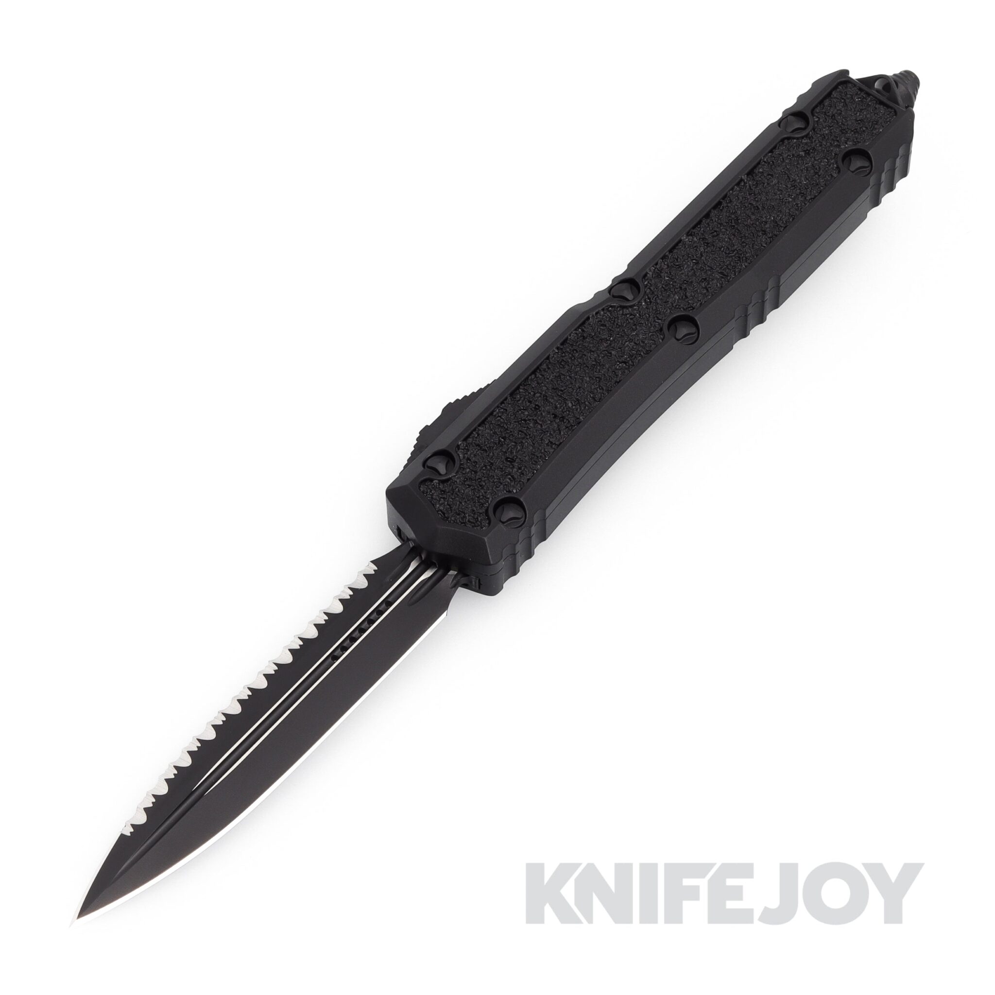 MICROTECH 206-3TS Makora Double Edge OTF Auto Signature Series Tactical Full Serrated Blade with Nickel Boron Internals/ Black Grip Aluminum Handles