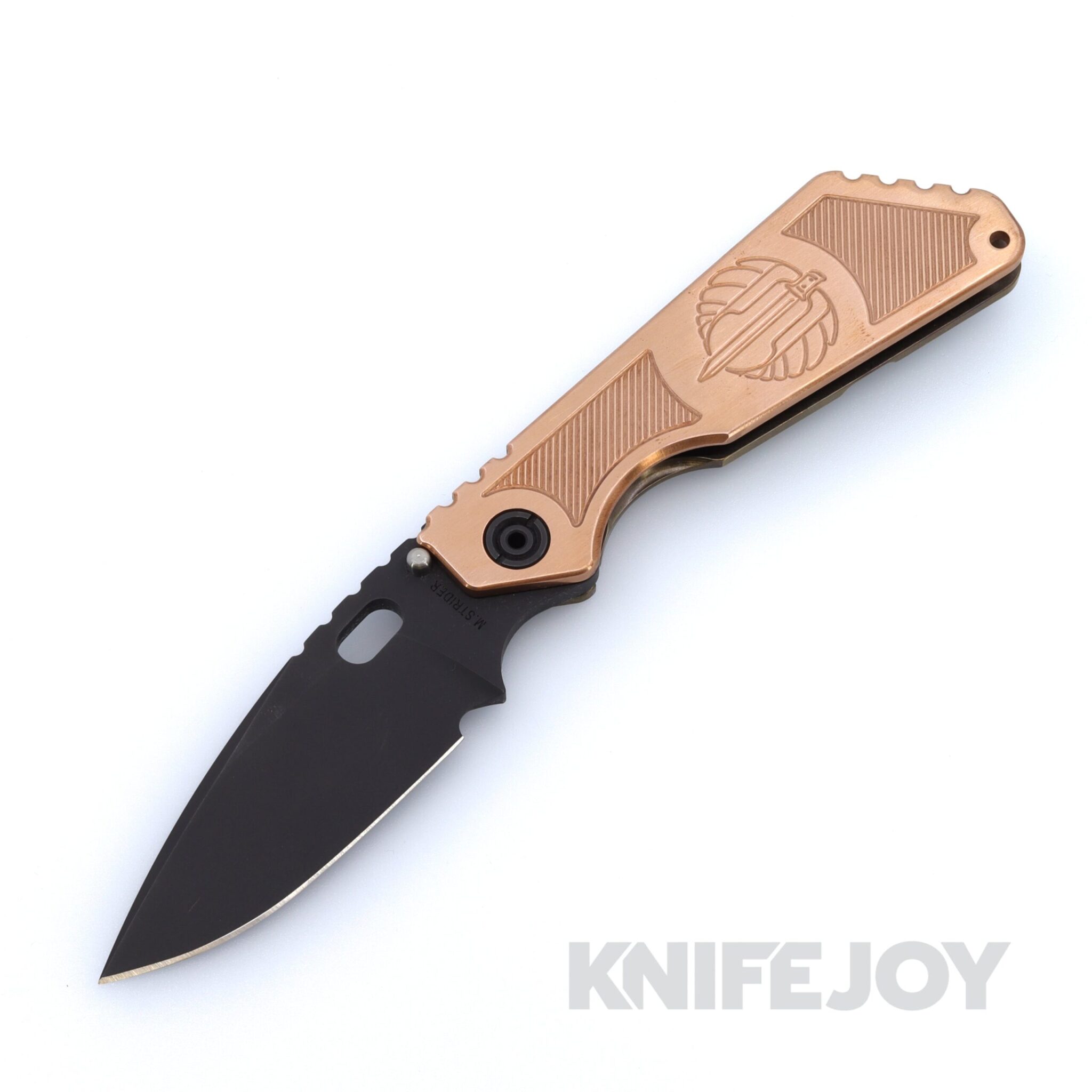 Mick Strider Knives SMF with Black PD1 Blade and Engraved Copper / Heat Treated Titanium Handle