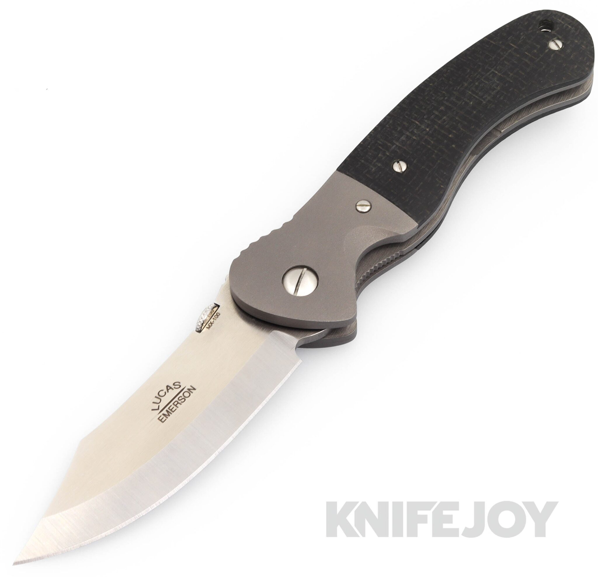 Lucas Emerson Custom MX-100 Folder Satin Blade with Black Burlap Handle Scales and Ti Bolsters