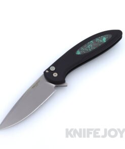 Pro-Tech Knives PT-BSA25.Cambria.1 BLADE Show 2025 Cambria 2 Flipper with Stonewash Magnacut Blade and Black Handle with TechnoCarbo Teal Inlay / Black Lip Pearl Button / Satin Hardware