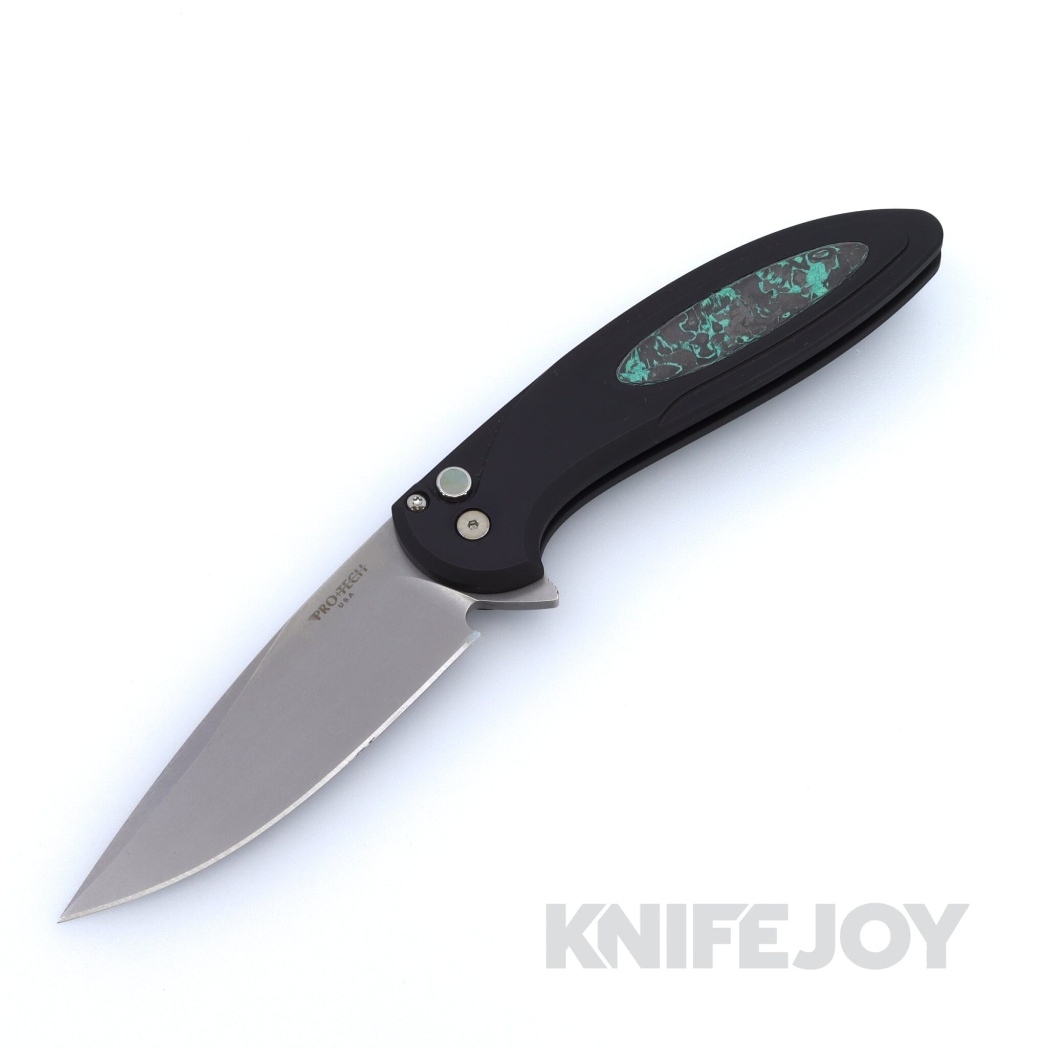 Pro-Tech Knives PT-BSA25.Cambria.1 BLADE Show 2025 Cambria 2 Flipper with Stonewash Magnacut Blade and Black Handle with TechnoCarbo Teal Inlay / Black Lip Pearl Button / Satin Hardware