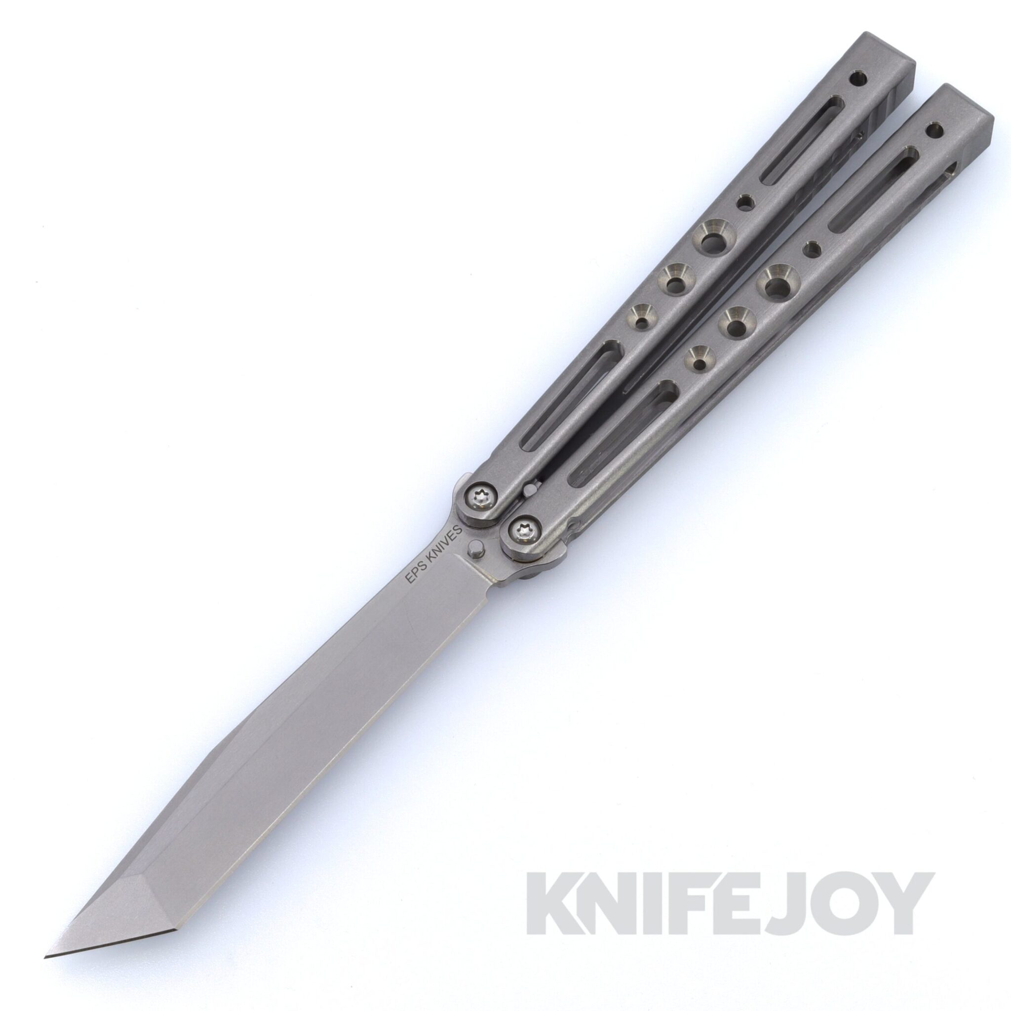 EPS Knives Atlas Butterfly Balisong Knife Tanto Plain Blade with Brushed Titanium Handles