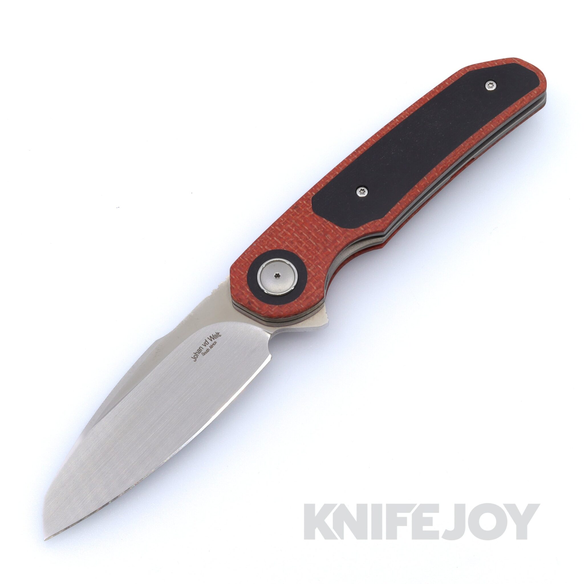 Johan vd Walt JB3 Custom Flipper with M390 Modified Sheepsfoot Satin Blade and Sedona Burlap Micarta Scales with Black Richlite Inlays