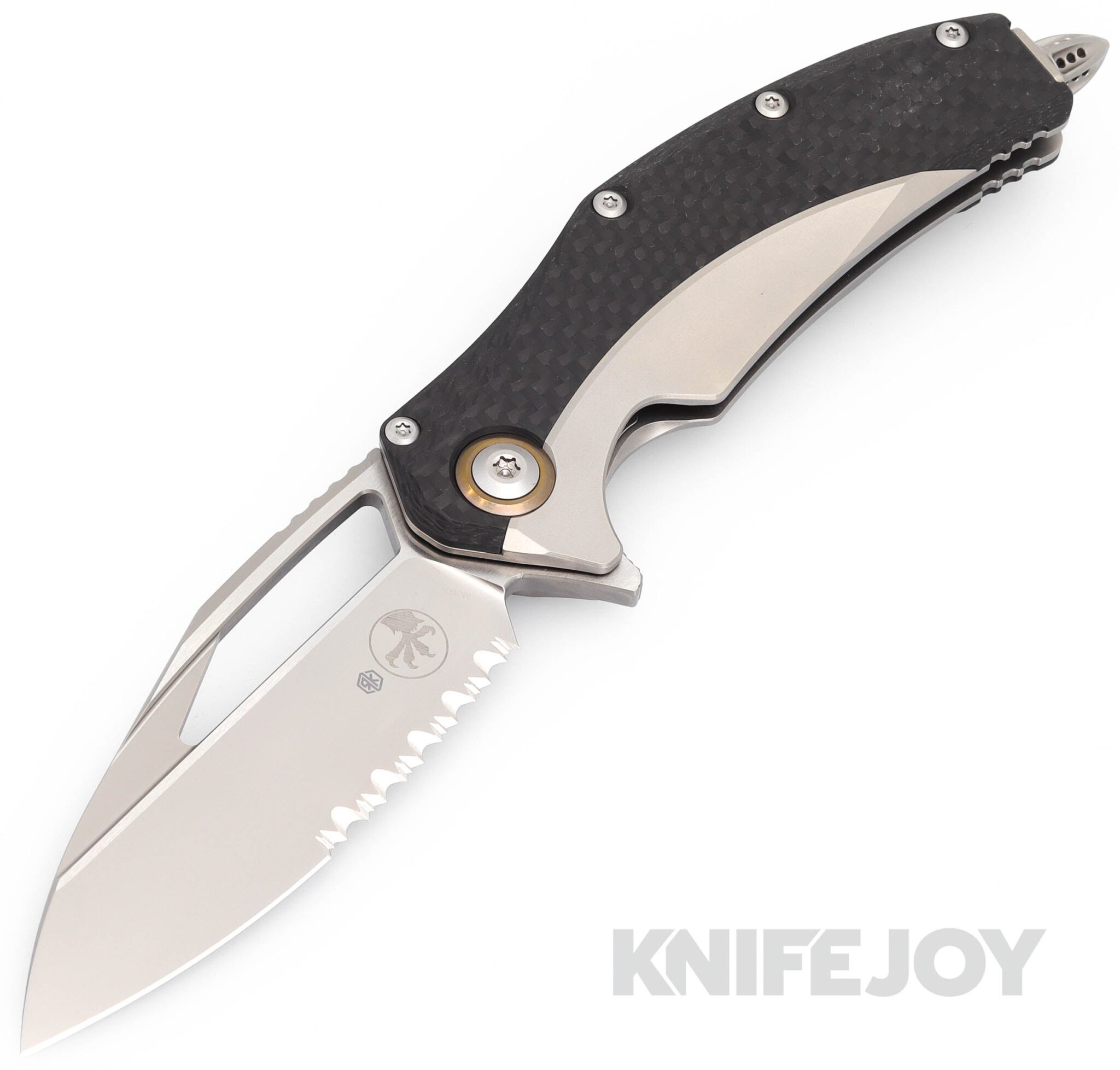 MICROTECH 165C-8CFTI Signature Series Matrix Flipper Folder Bead Blast Partially Serrated Blade with Titanium/ Carbon Fiber Scales with Bronze Titanium Pivot Collar Handles