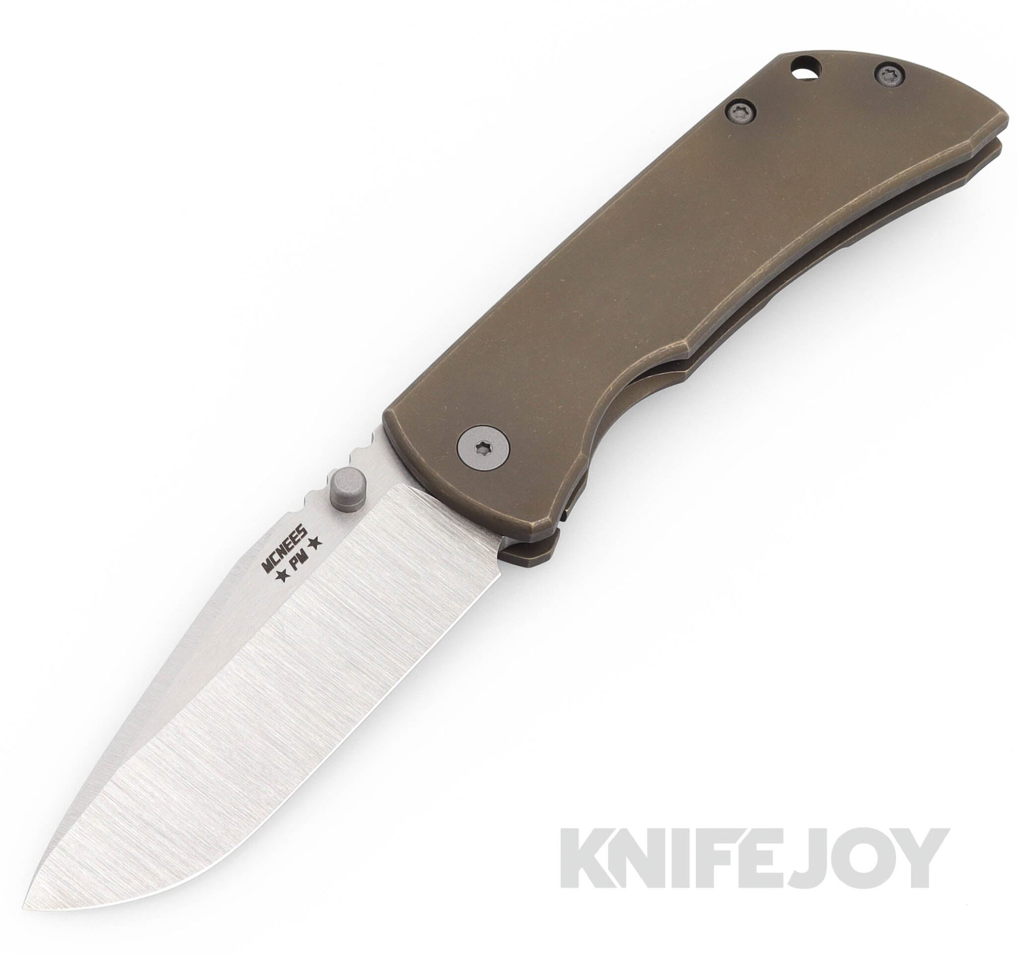 McNees Knives PM Mac2 3.5"- Gen2 Hand Ground Magnacut Spearpoint Blade and Atomic Bronze Smooth Titanium Handles