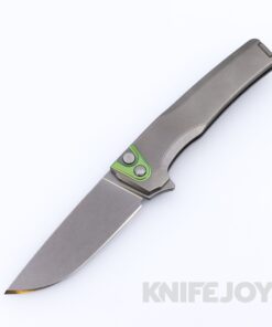 MachineWise Sonora Button Lock Folder Stonewash Blade with Fine Step Textured Grade 5 Raw Titanium Handles / Green Titanium Bolster and Raw Titanium Clip