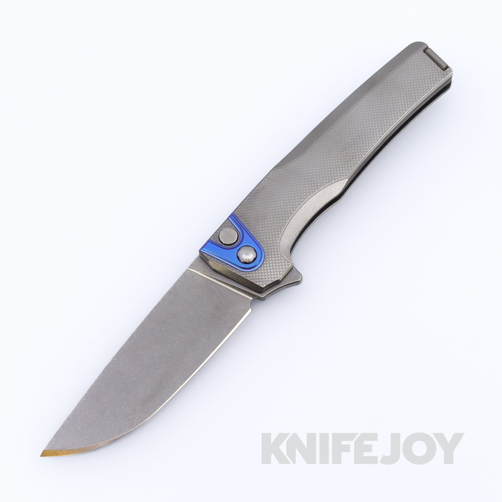 MachineWise Sonora Button Lock Folder Stonewash Blade with Diamond Textured Grade 5 Raw Titanium Handles / Blurple Titanium Bolster and Raw Titanium Clip