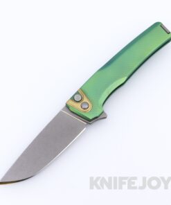 MachineWise Sonora Button Lock Folder Stonewash Blade with Diamond Textured Grade 5 Green Titanium Handles / Brass Titanium Bolster and Raw Titanium Clip