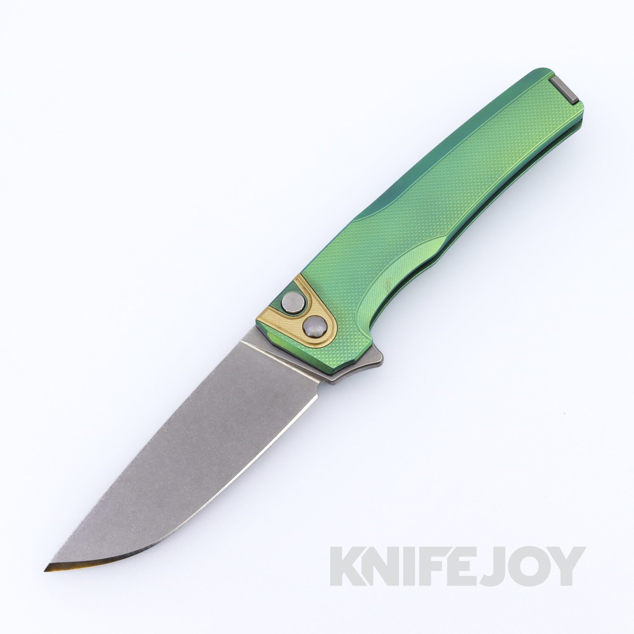 MachineWise Sonora Button Lock Folder Stonewash Blade with Diamond Textured Grade 5 Green Titanium Handles / Brass Titanium Bolster and Raw Titanium Clip