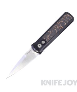 Pro-tech Knives 7210 Livewire Auto Godson Knife Satin Plain 20CV Blade with "Livewire" Carbon Fiber Inlay Black Satin Aluminum Handles / Black Lip Mother of Pearl Button