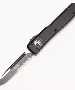 MICROTECH 121-2T Ultratech OTF Auto Single Edge Black Tactical Partially Serrated Drop Point Blade with Black Aluminum Handles