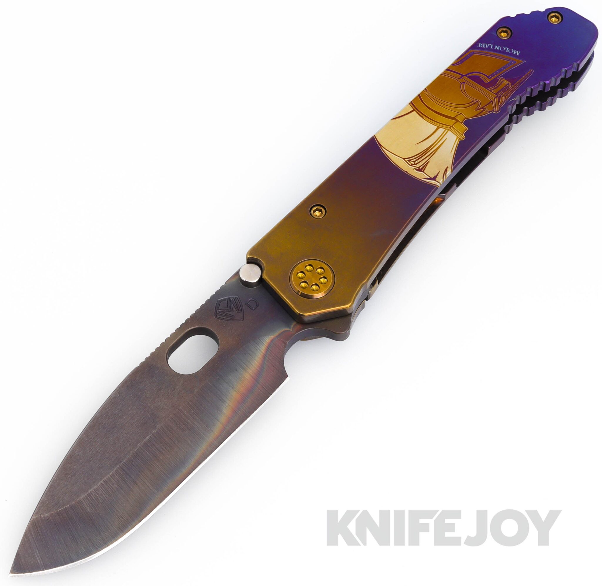 Medford Knives 187DP D2 Vulcan Drop Point Blade with Brz-Vio Fade "Molon Labe" Handles/ Flamed Hardware/ Brz-Vio Fade Clip