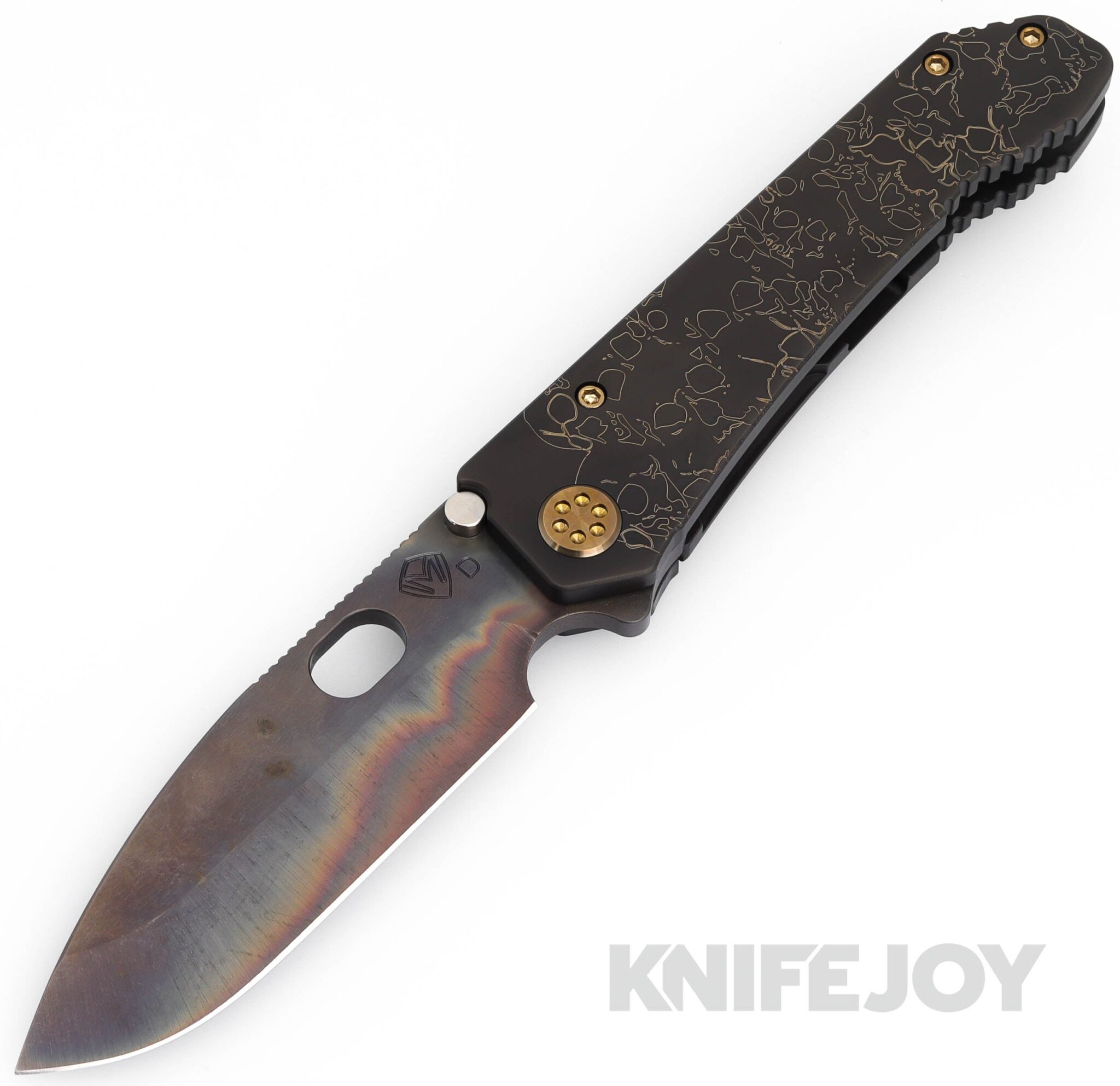 Medford Knives 187DP D2 Vulcan Drop Point Blade with DLC "Gold Outline Stacked Skulls" Handles/ Brz Hardware/ DLC Clip