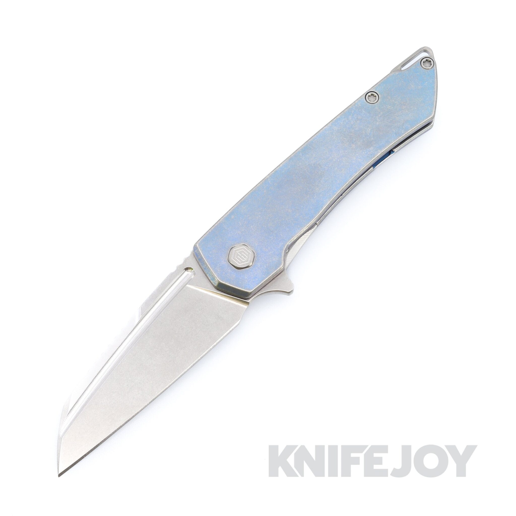 MachineWise Mojave Frame Lock Folder Stonewash S90V with Smooth Grade 5 Integral Powder Blue Distressed Titanium Handles / Raw Ti Spacer and Clip