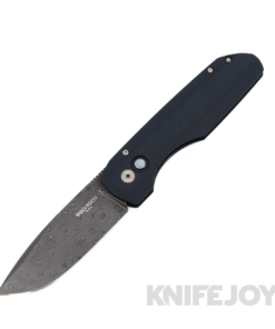 Pro-Tech 2025 Synapse Custom 003 Auto Chad Nichols Virus Damascus Blade with Black Thick Back Aluminum Handle / Blue Linen Micarta Lid / White Pearl Button / DLC Black Machined Vero Ti Clip