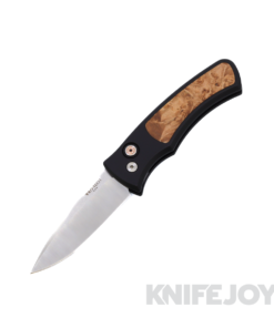 Pro-Tech Knives DUKE2110-Maple Duke 2 Auto Satin Magnacut Blade Black Aluminum Handles with Maple Burl Inlay / Mosaic Pin Button / Satin Hardware / Black Clip