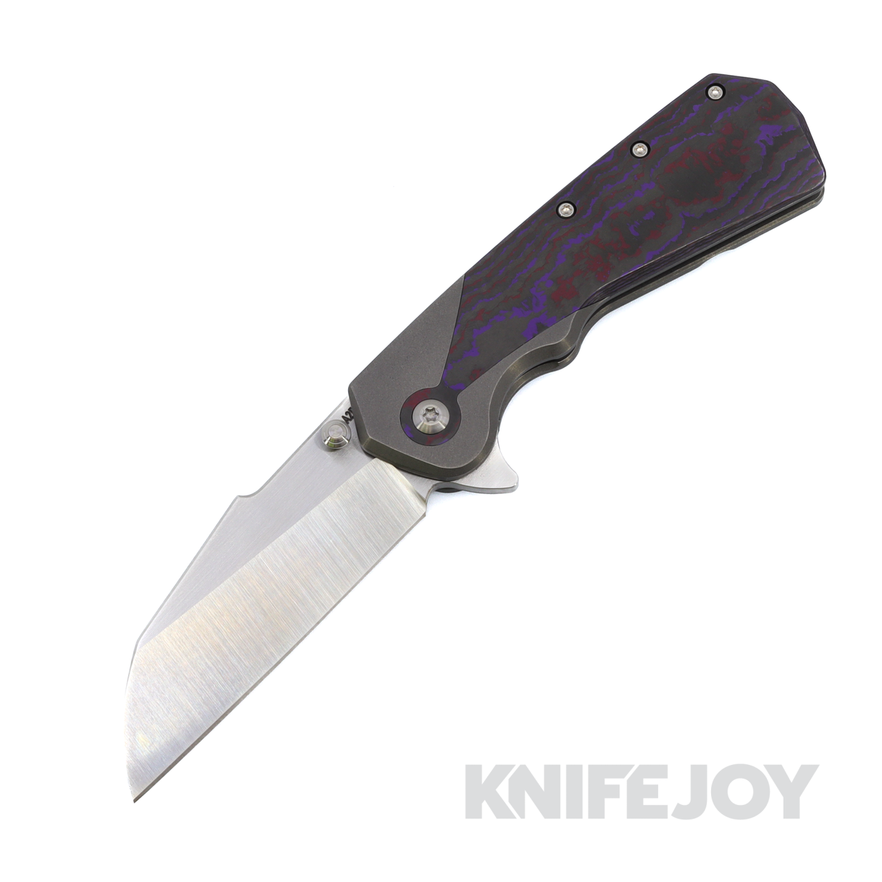 Attn2Detail Mercantile Knives Custom Delta Satin 20CV Sheepsfoot Rising Grind Blade with Purple FatCarbon Scales and Titanium Handles