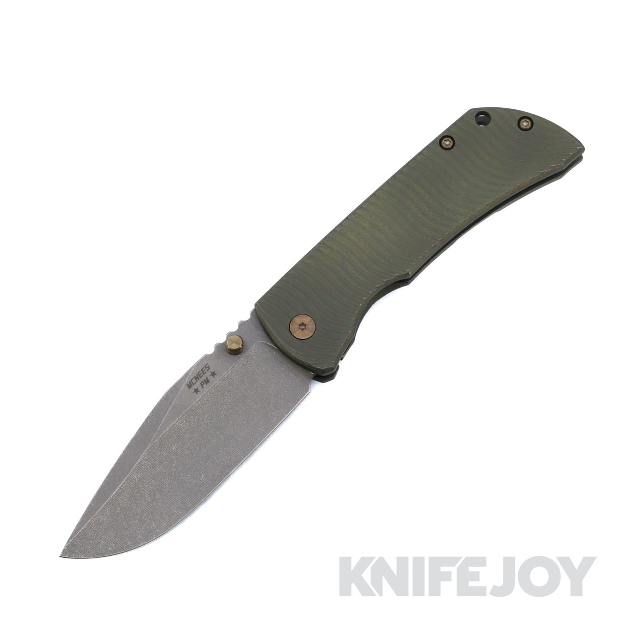 McNees Knives PM Mac2 3.5" Gen2 Magnacut Drop Point Blade with Swerve Pattern Atomic Green Anodized Handle and Bronze Hardware