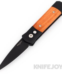 Pro-tech Knives 707-RIE GODSON Auto Black DLC Blade with Red Ironbark Eucalyptus Wood Inlay/ Black Aluminum Handles