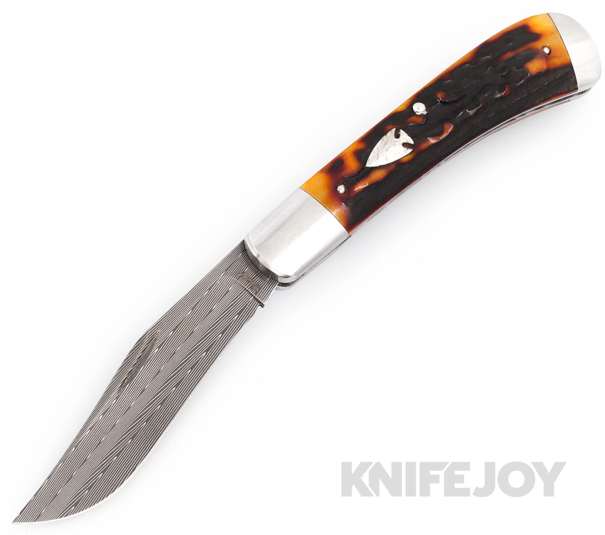 Crouch Knives Custom Single Blade Trapper Vegas Forge Carbon Herring Bone Damascus Blade with Amber Stag Handles