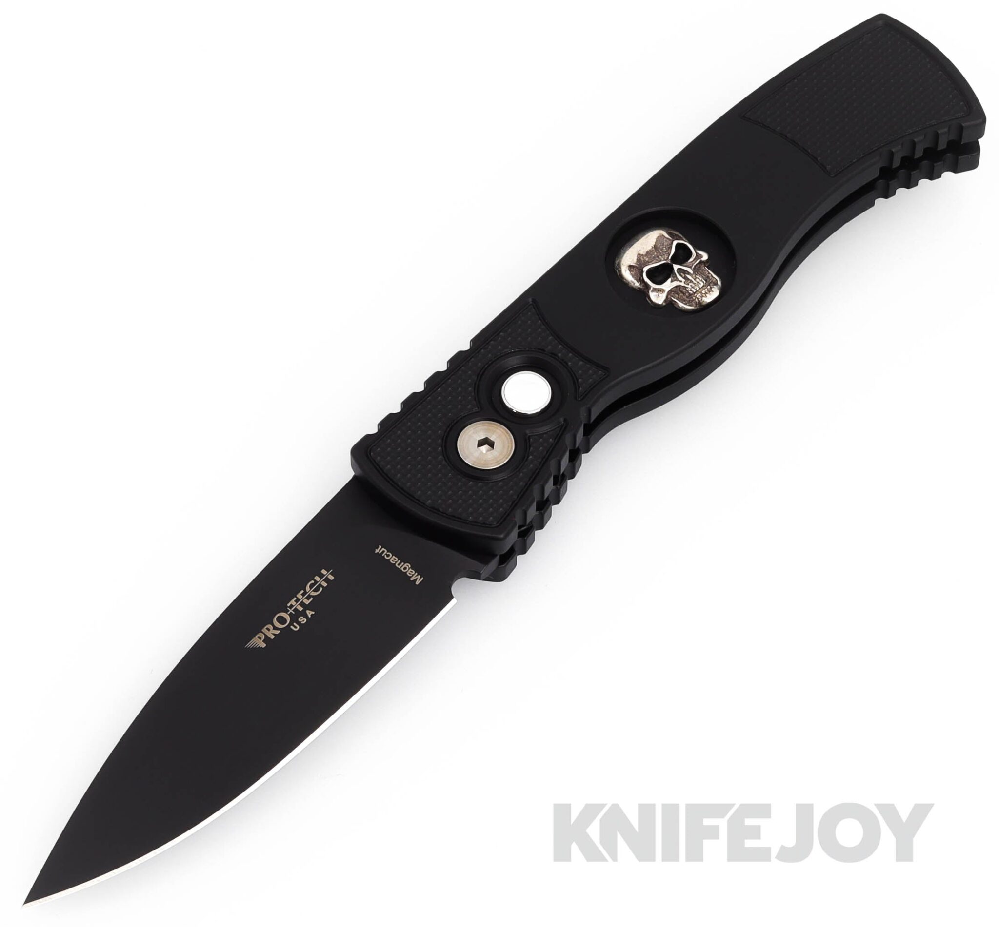 Pro-tech Knives PTTR-2SKULL-BSA24 Auto Tactical Response 2 Black Magnacut Blade with Steriling Silver Shaw Skull/ Textured Black Aluminum Handles/ MOP Button