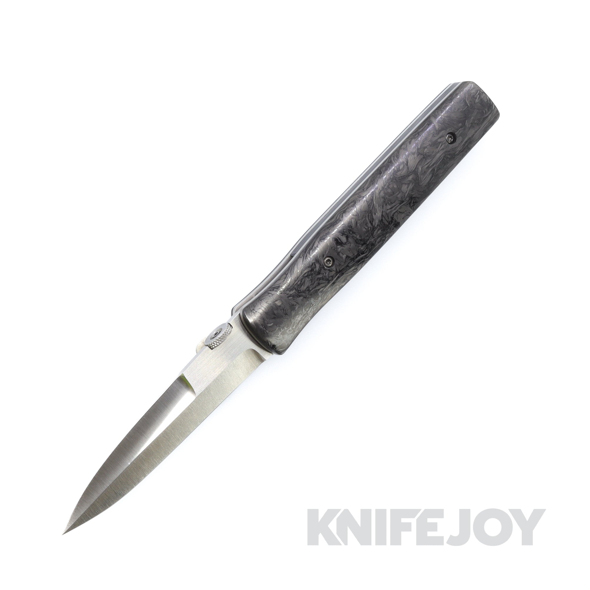 Chuck Gedraitis Custom Knives Ice Pick L2 Folding Knife Nitro-V Spearpoint Blade and Marbled Black Carbon Fiber Scales with Reactive Green Glow / Ti Liners and Hardware