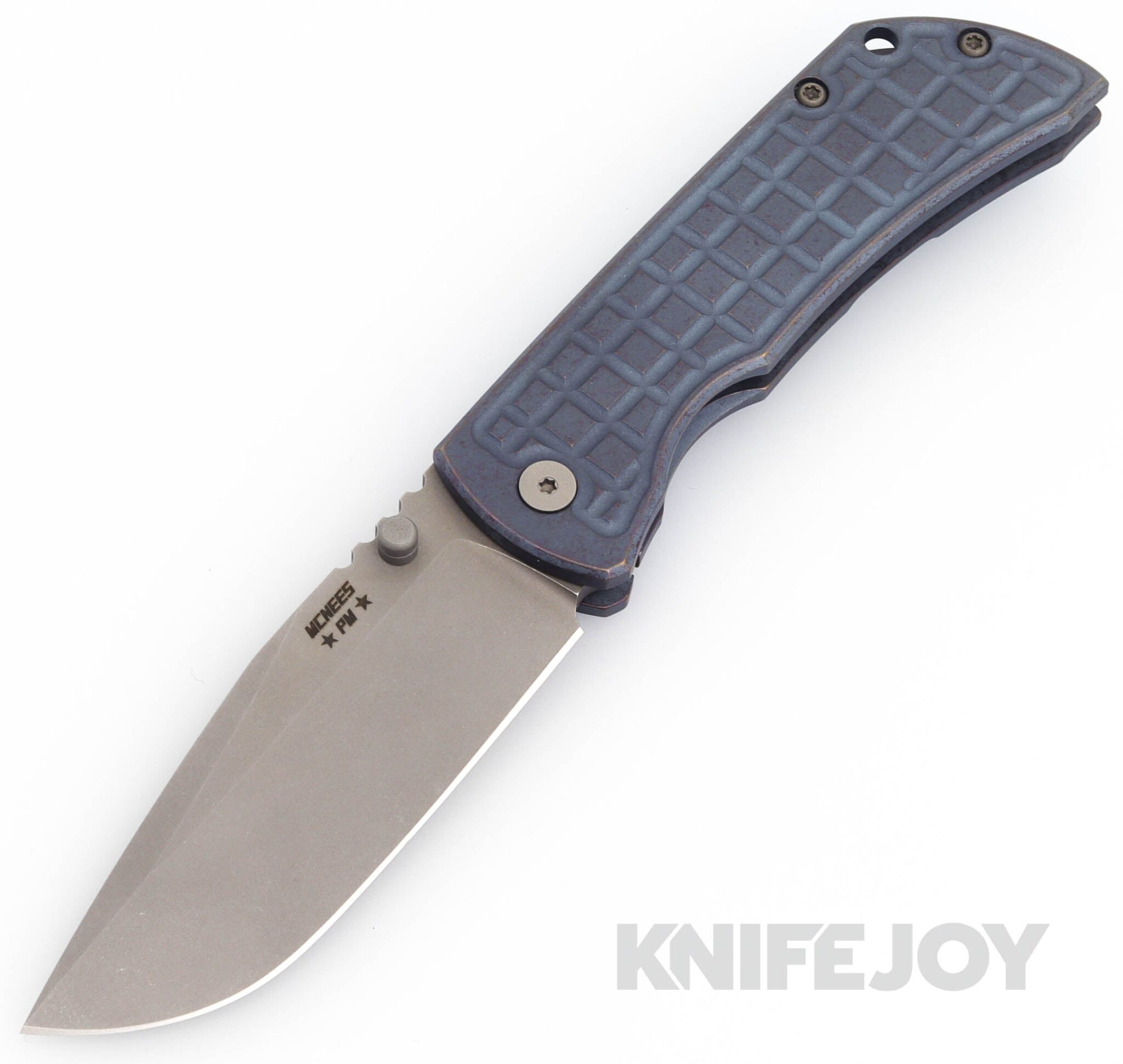 McNees Knives PM Mac2 3.5"- Gen2 Magnacut Blade and Atomic Blue/Bronze Frag Titanium Handles