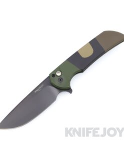 Pro-tech Knives Mordax KnifeJoy Exclusive Black DLC Magnacut Blade with M81 Camo Cerakote Aluminum Handles / Black Lip Mother of Pearl Button / Black Hardware / Black Titanium Clip