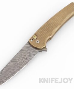 Pro-tech Knives PTMALIBU-ATL24-CUSTOMDISTR Malibu Flipper Blade Show Atlanta 2024 Mike Irie Compound Damasteel Distressed Reverse Tanto Blade with AlBronze Dragon Scale Handles/ Mosaic Pin Button/ Satin Hardware