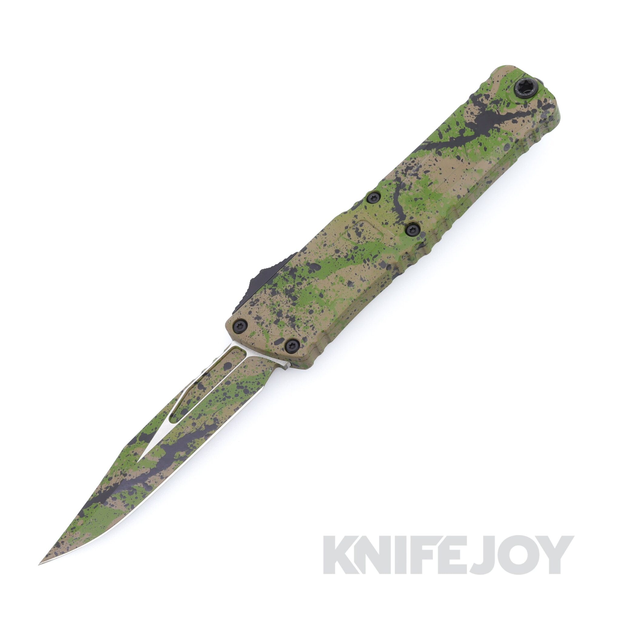 MICROTECH 1146-1ODTA BKSPLS Signature Series Combat Troodon III OTF Auto Single Edge Bowie Standard Blade with OD Green / Tan and Black Splatter Pattern Finish