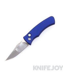Pro-Tech Knives Duke 2 Auto Mike Irie Hand Ground 154CM Blade with Navy Blue Aluminum Handles and Abalone button with Satin Hardware