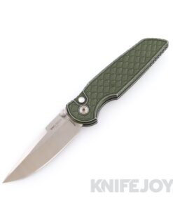 Pro-tech Knives Tactical Response 3 Integrity Double Thumbstud Manual Machine Satin Magnacut Blade with Battleworn Reptile Textured Green Handle and Satin Hardware with a Pearl Button