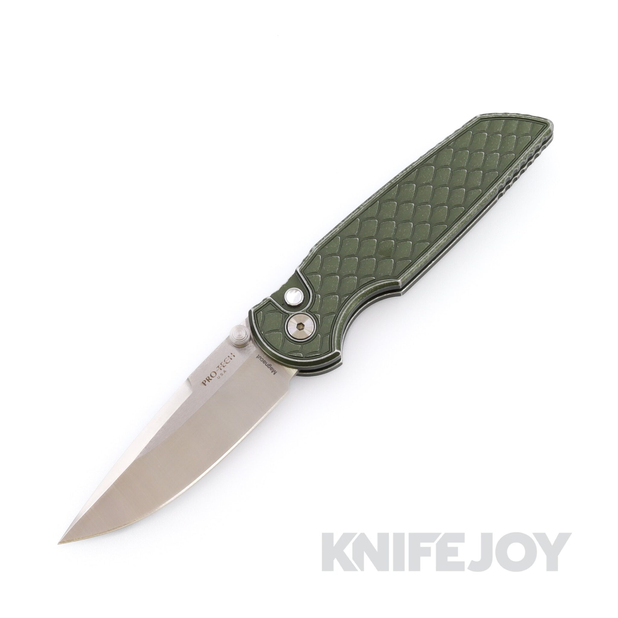 Pro-tech Knives Tactical Response 3 Integrity Double Thumbstud Manual Machine Satin Magnacut Blade with Battleworn Reptile Textured Green Handle and Satin Hardware with a Pearl Button