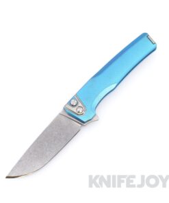 MachineWise Sonora Button Lock Folder Stonewash Blade with Diamond Textured Grade 5 E-Blue Titanium Handles / Raw Titanium Bolster and Clip