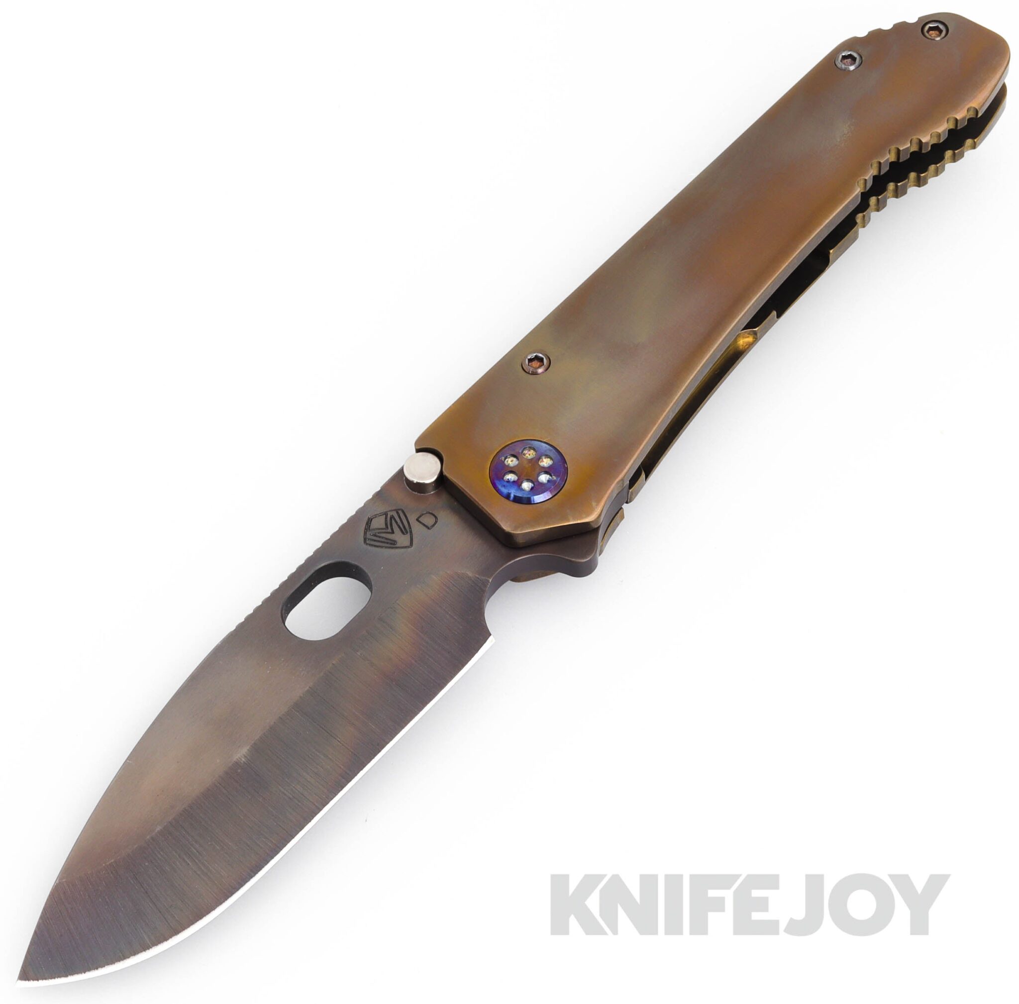 Medford Knives 187DP D2 Vulcan Drop Point Blade with Bronze Tumbled Radius Contoured Handles/ Flamed Hardware and Bronze Clip