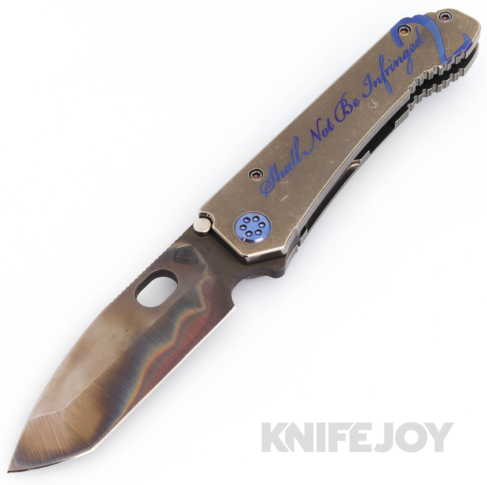 Medford Knives 187DPT D2 Vulcan Tanto Blade with Tumbled 2nd Amendment Handles/ Blue Hardware and Clip