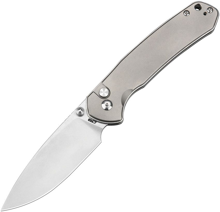 CJRB Cutlery CJRB-1925LTI Large Pyrite Button Lock Folder Stonewash Drop Point Blade with Titanium Handles