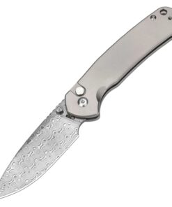 CJRB Cutlery CJRB-1925LTDM Large Pyrite Button Lock Folder Damascus Drop Point Blade with Titanium Handles