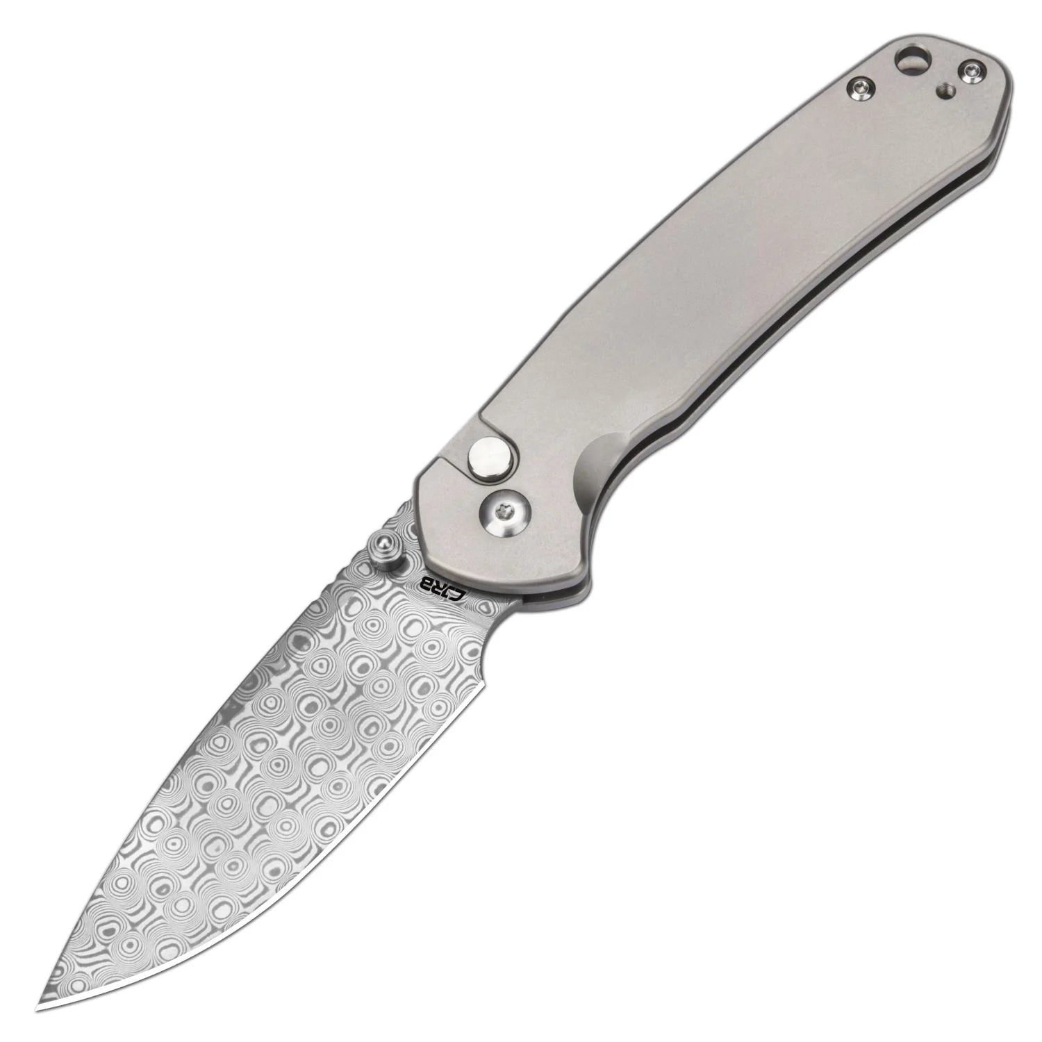 CJRB Cutlery CJRB-1925LTDM Large Pyrite Button Lock Folder Damascus Drop Point Blade with Titanium Handles