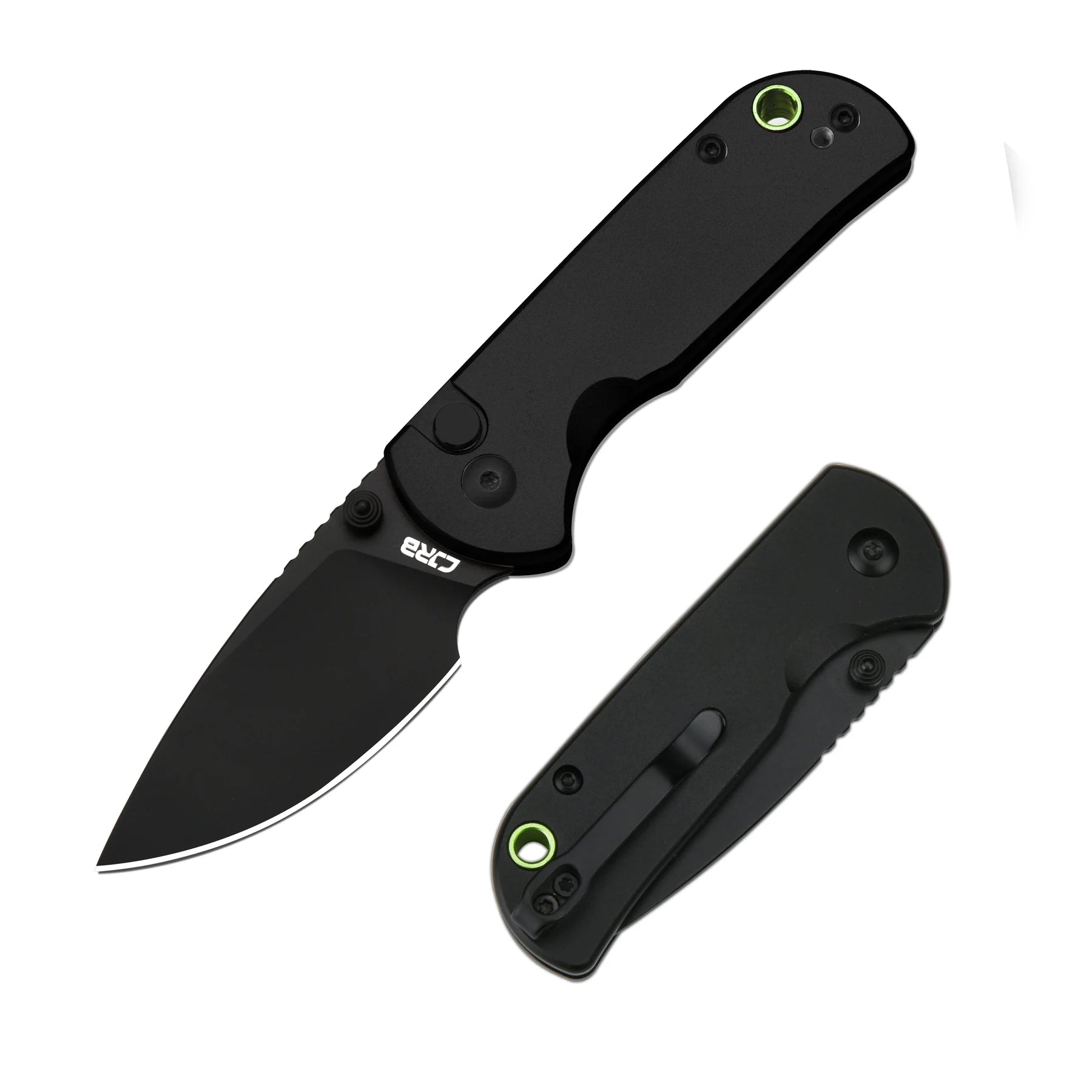 CJRB Cutlery CJRB-1934BBK Mica Button Lock Folder Black PVD Coating Drop Point Blade with Black Aluminum Handles