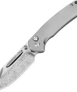 CJRB Cutlery CJRB-1942TDM Bowie Pyrite Button Lock Folder Damascus Drop Point Blade with Titanium Handles