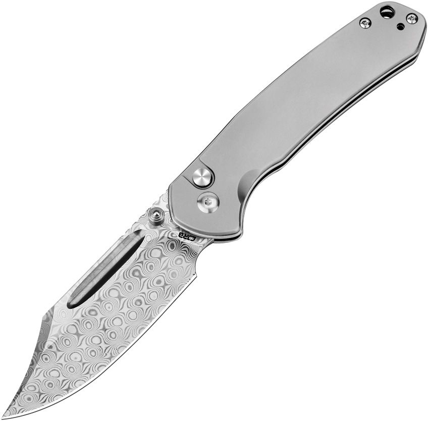 CJRB Cutlery CJRB-1942TDM Bowie Pyrite Button Lock Folder Damascus Drop Point Blade with Titanium Handles