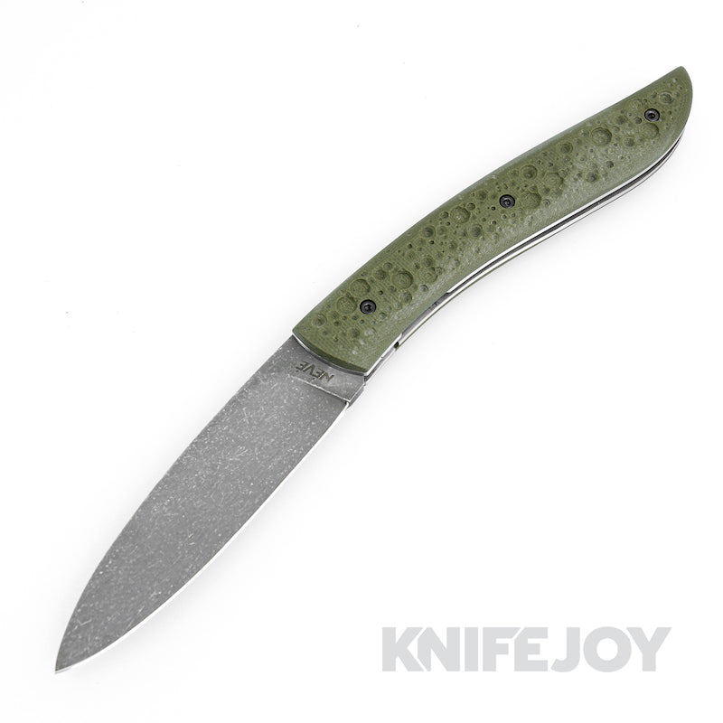 Tim Bernard Neve Custom Frame Lock Knife Stonewash Blade with Green Textured G10 Handles